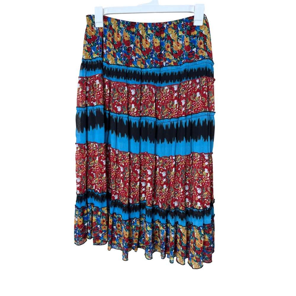 Notations Floral Tiered Boho Maxi Skirt Multicolor Elastic Waist L